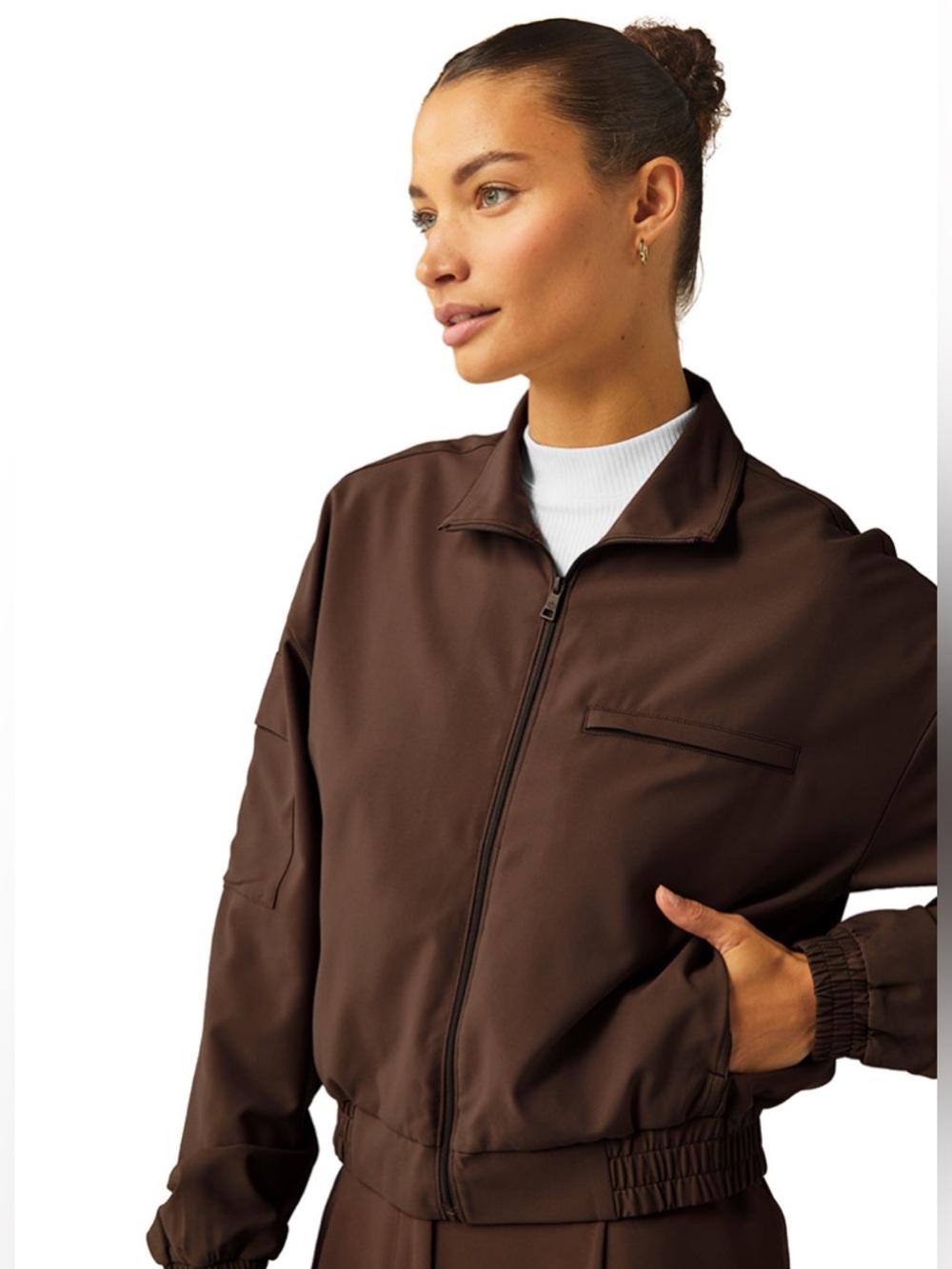 Beyond Yoga Status Pocket Sleeve Cropped Jacket Espresso Brown XL Zip Athletic